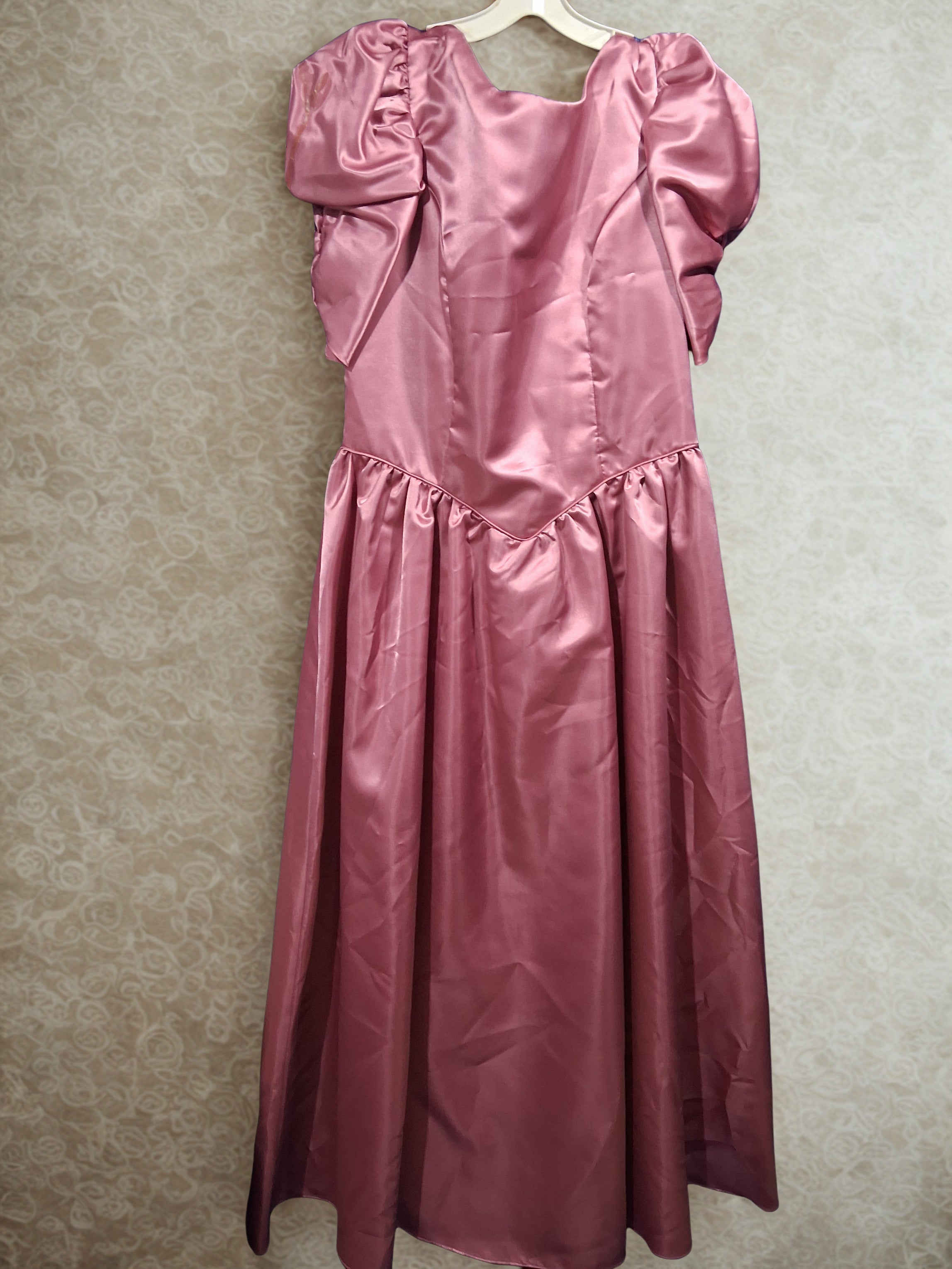 Vintage 80s Pink Satin Dress with Puff Sleeves